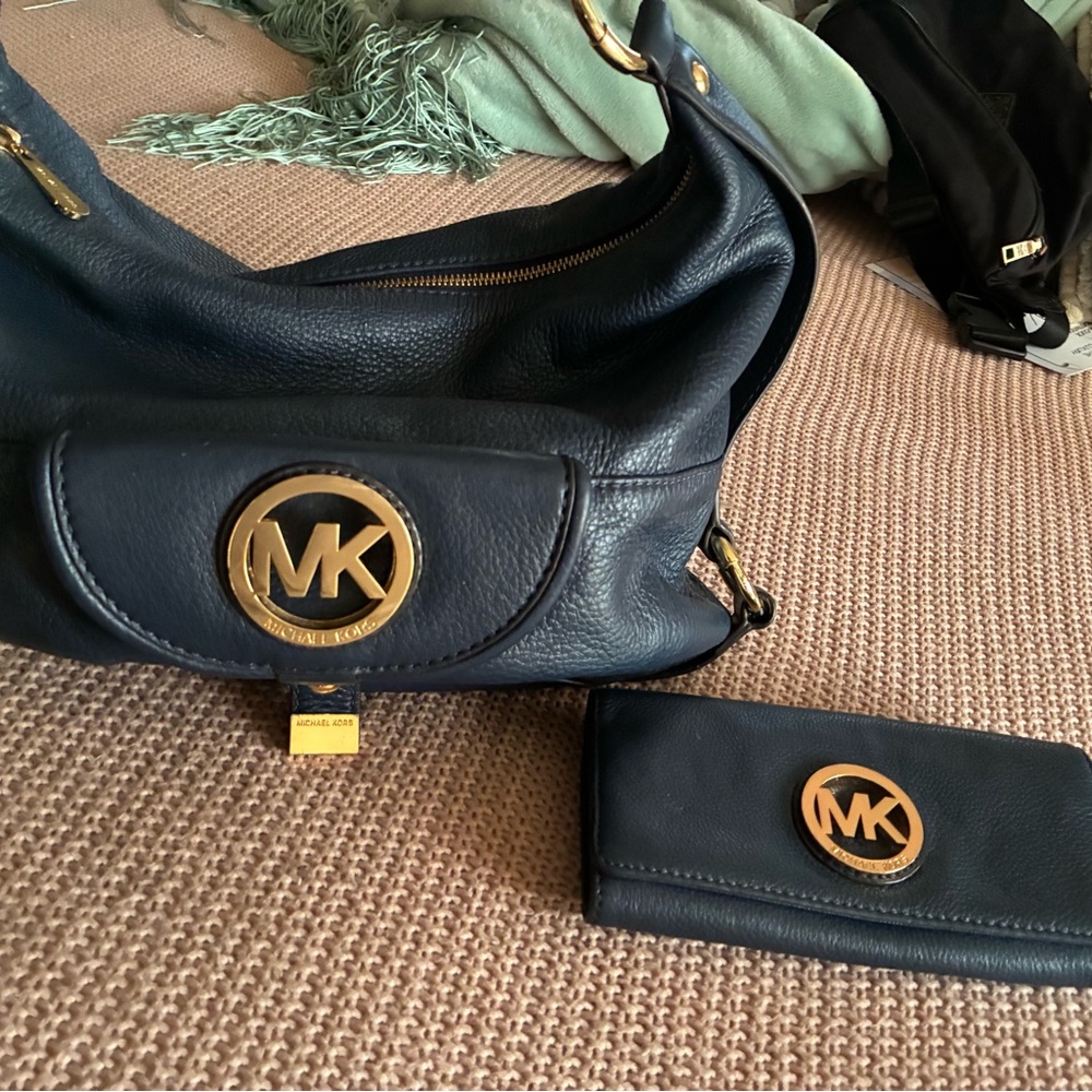 Michael Kors Dark Blue Bag and Wallet with Gold Details